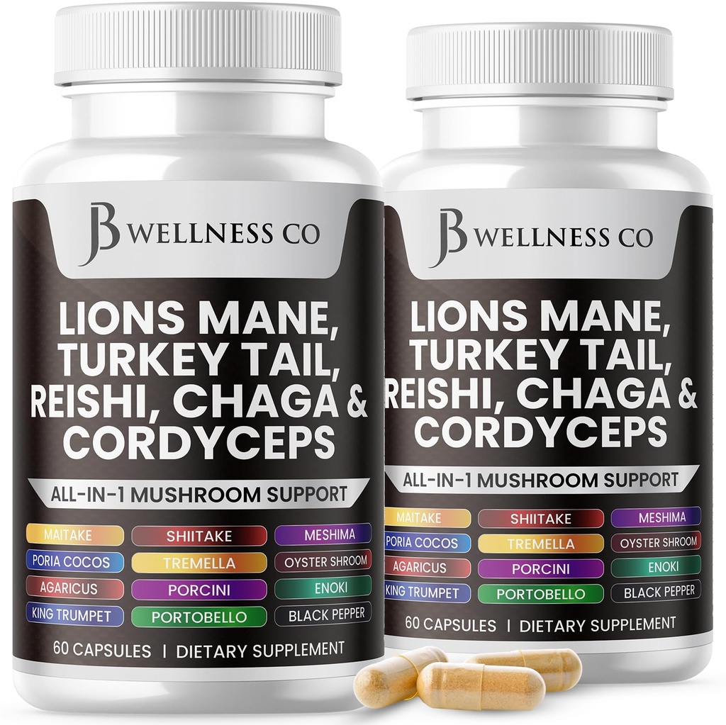 Lions Mane dodatek Kognitivní podpora, Imunitní zdraví s krocanem Tail 20in1 Houba Reishi Cordyceps Chaga s Marshmallow Root - 120 Počet