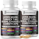 Lions Mane dodatek Kognitivní podpora, Imunitní zdraví s krocanem Tail 20in1 Houba Reishi Cordyceps Chaga s Marshmallow Root - 120 Počet
