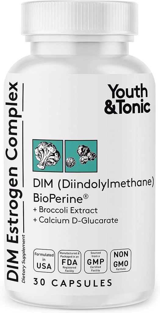 Mládež & Tonic DIM BioPerine pro podporu metabolismu estrogenu CLAS124; Ženy a muži Hormonová rovnováha s nadměrným estrogenovým blokováním CLAS124; Diindolylmethan dodatek - 30 pilulky