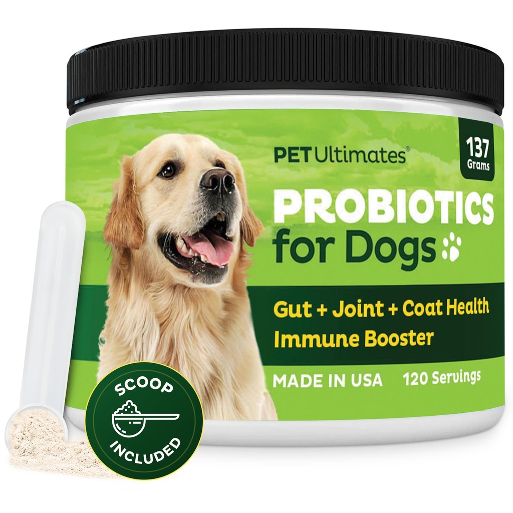 Pet Ultimates Pet Probiotics for Dogs (137g/120 Servings) – 22-Species Dog Probiotics Powder – Daily Skin and Coat Supplement for Dogs with Digestive Enzymes for Gut Health & Seasonal Comfort