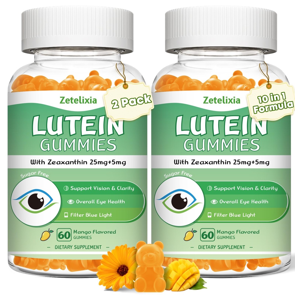 2 Pack Lutein Gummies 25mg, Cukr Volný Lutein Zeaxanthin doplňky Gummies, Doplněk pro oční zdraví pro dospělé, Oční vitaminy Lutein pro Vizi a Modré světelné ochrany, Mango Flavor, 120 Počet