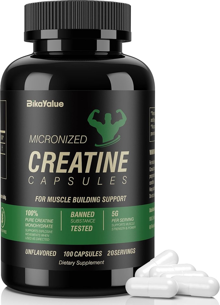 Mikronizovaný kreatin Monohydrát Kapsle, Creatine Kapsle Dodatek pro svalovinu, Síla, Výkon, Energie, Zotavení, Gluten Free Creatin pro ženy a muže, 100Kapsle (20 Služebnictví)