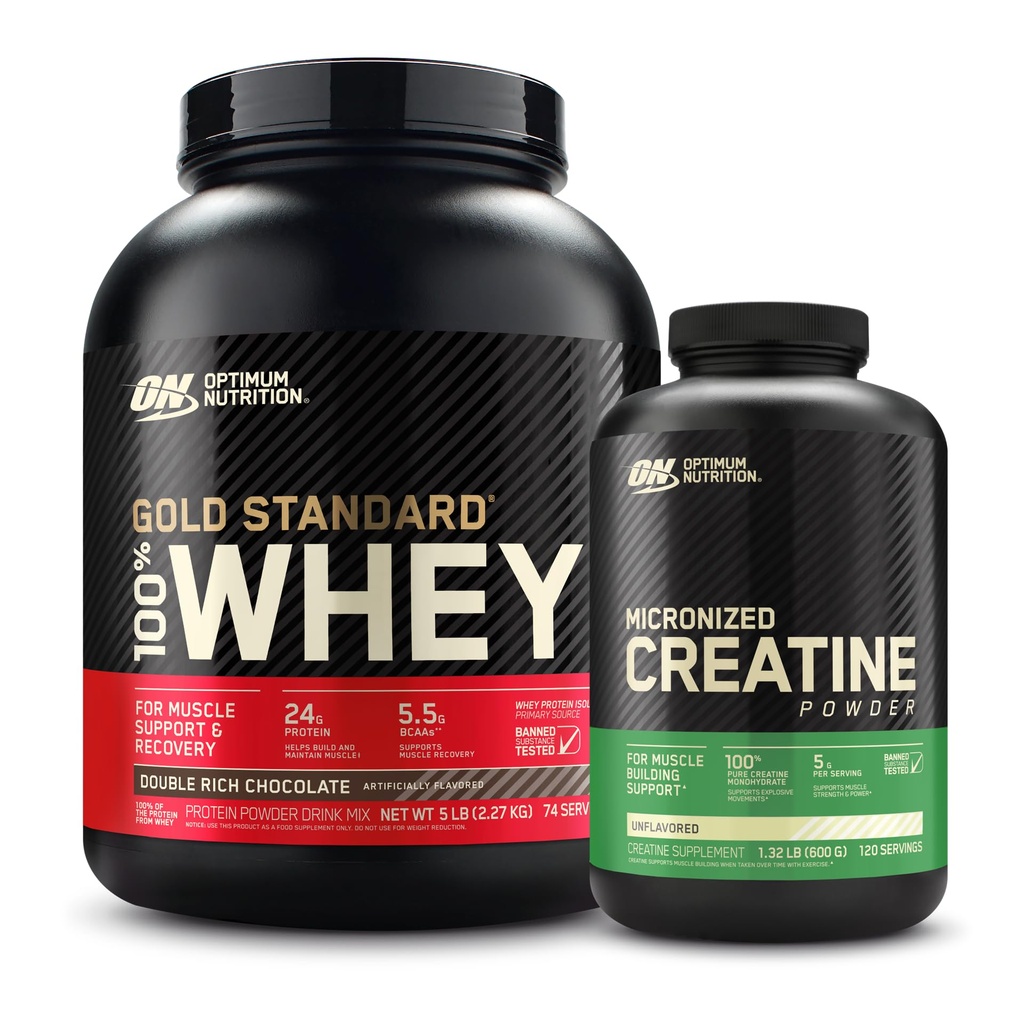 Optimum Nutrition 100% Gold Standard Whey Protein Powder: Double Rich Chocolate (5 liber) s mikronizovaným Creatin Monohydrát Powder, Neochucené (120 Služeb) - Bundle Pack