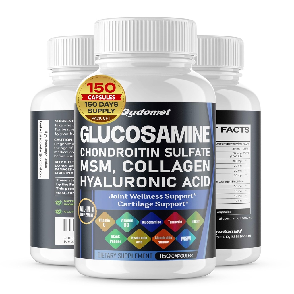 Glukosamin Chondroitin sulfát Methylsulfonylmethan Hyaluronic Acid Turmeric Ginger Vitamin C, D3, Black Pepper -150 Capsules - Vyrobeno v USA