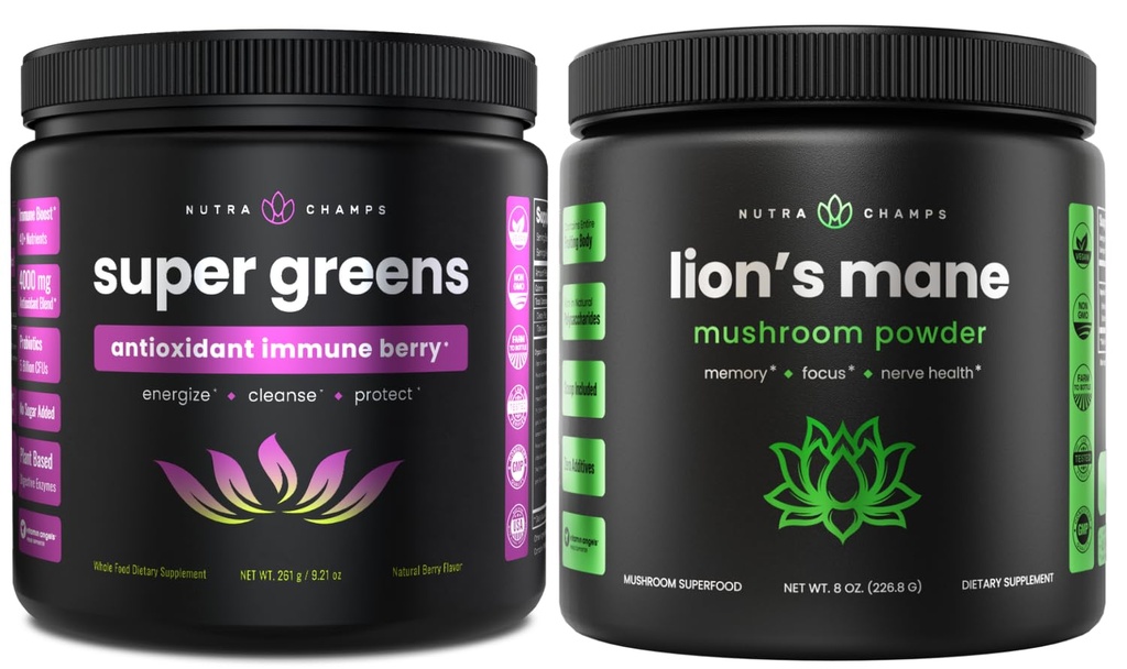 NutraChamps Super Green Antioxidant & Lion 's Mane Powder. Podpora trávení, imunity a adaptogenu