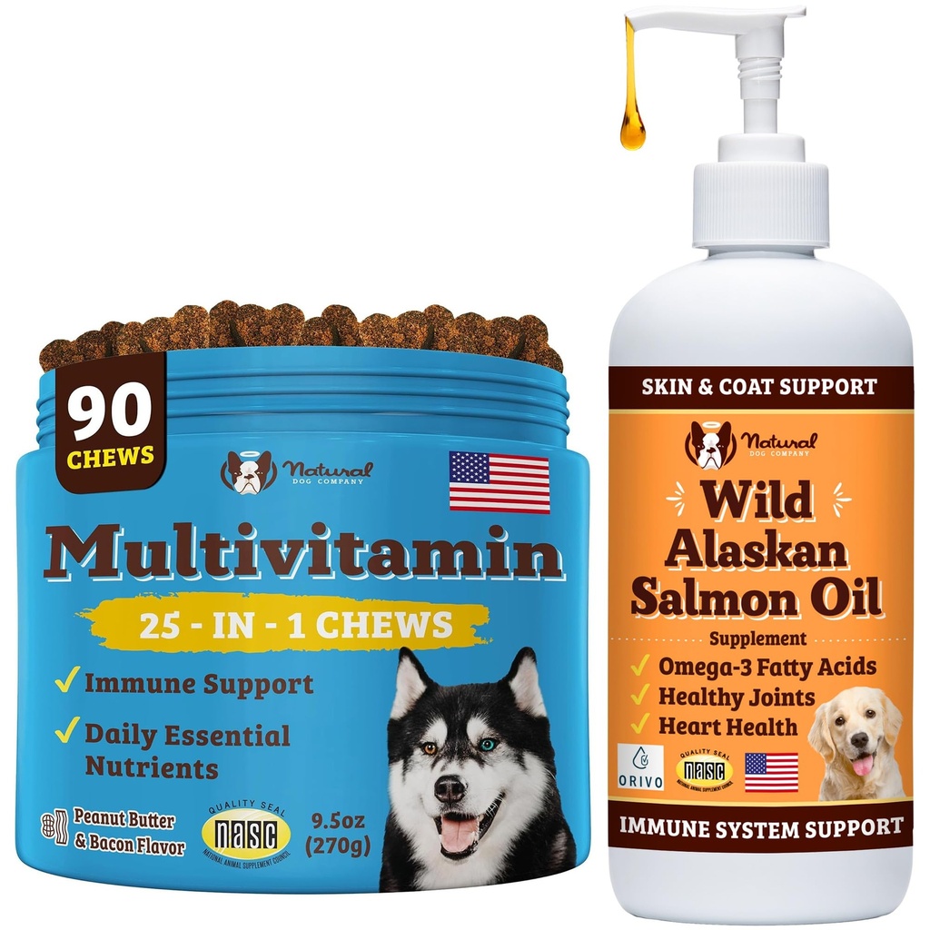 Natural Dog Company Wellness Bundle pro psy, Salmon Oil pro psy, multivitamin a dodatek, Itch Relief