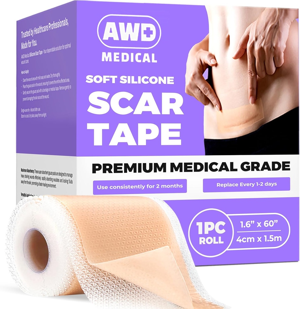 AWD Silicone Scar Prostěradla pro chirurgické Jizvy - Seamless Medical Class Silicone Scar Tape pro C Section, Tummy Tuck Tape - Silicone Skin Patches After Surgery Must Haves (1.6 "x 60" Seamless Roll)