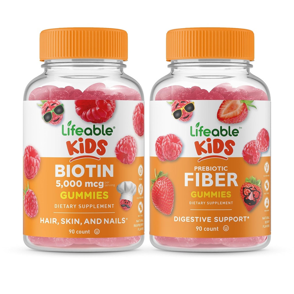 Živé Biotin Děti + Prebiotické Vlákna Děti, Žvýkačky Bundle - Velký Ochutnávka, Vitamin dodatek, Lepek zdarma, GMO zdarma, Žvýkací Gummy