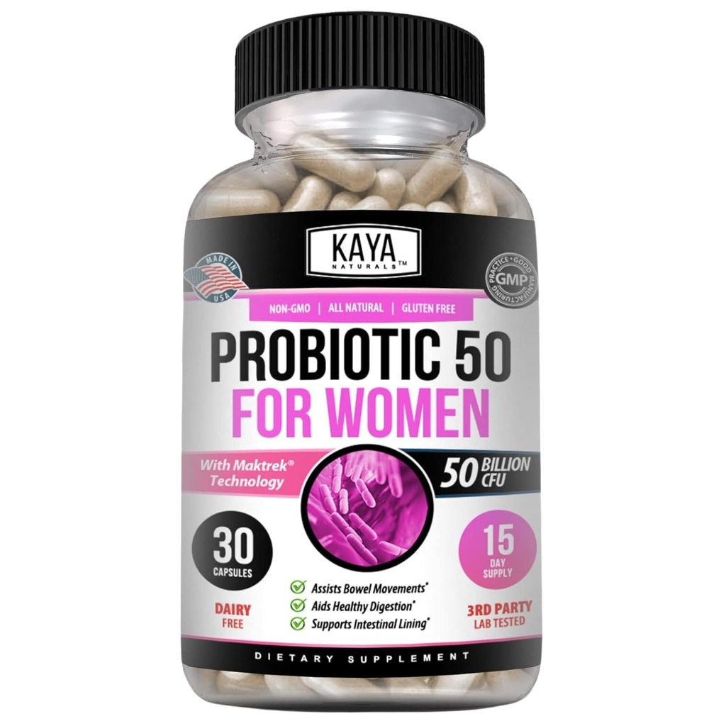 Kaya Naturals Probiotic 50 miliard CFU - Probiotika pro ženy, Probiotika pro muže a dospělé, přírodní - Gut zdraví a imunitní podpora Dodatek - Poskytuje stravovací podporu - 30 Zeleninové kapsle