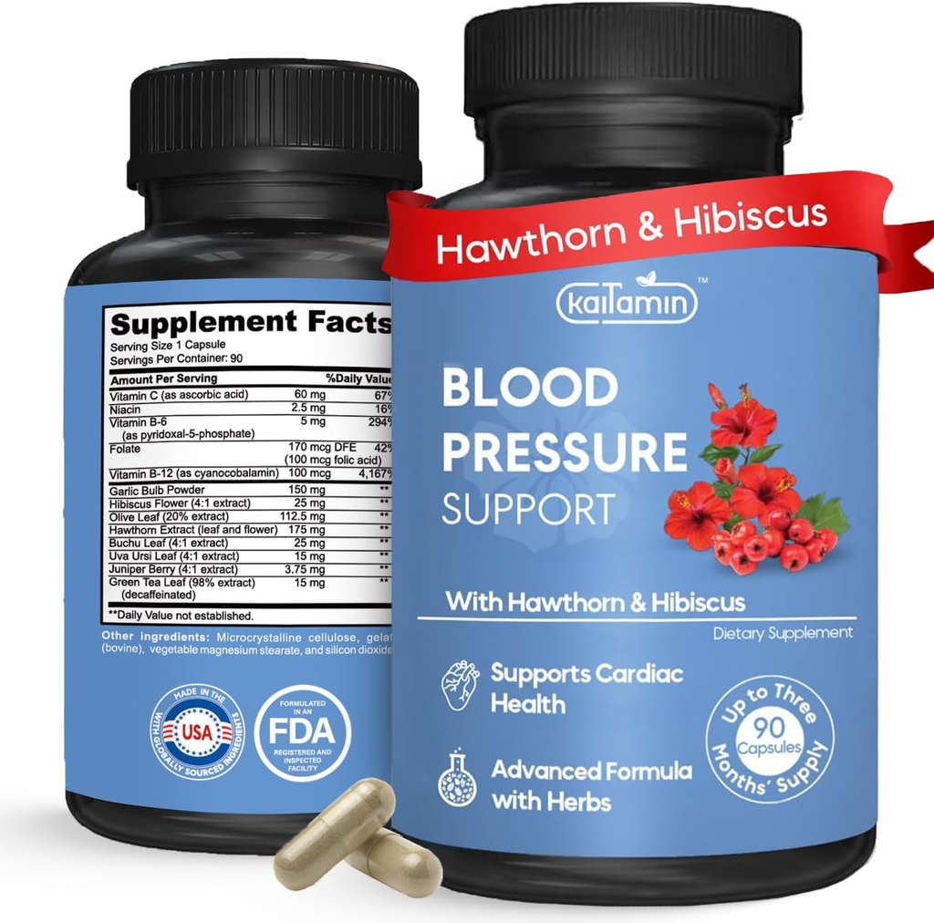 Krevní tlak Supplement - Přírodní Hawthorn, Hibiscus, Česnek & Olive Leaf - Heart Health & Circulation Support - B12, B6 - Vegan, Non- GMO - 90 Caps (3-Month Supply)
