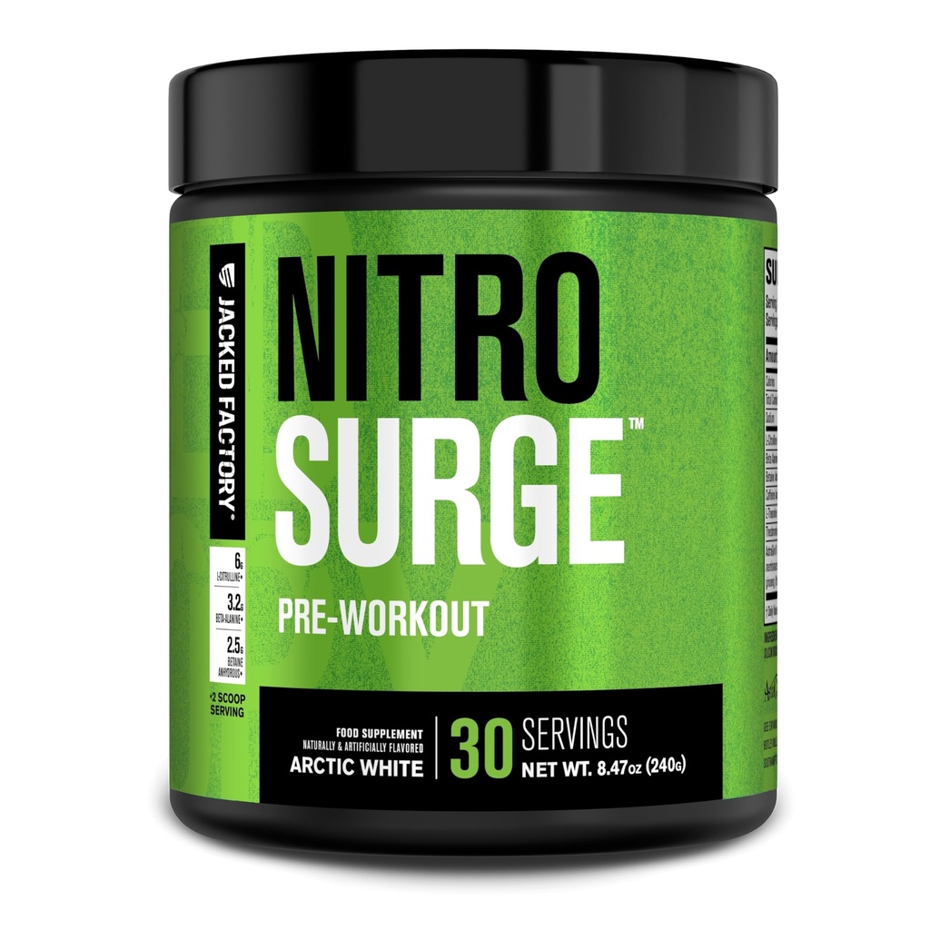 Jacked Factory NITROSURGE Pre Workout Dodatek - Nekonečná energie, Instant Strength Gains, Clear Focus, Intenzivní čerpadla - NO Booster & Powerful Preworking Energy Powder - 30 Servings, Arctic White