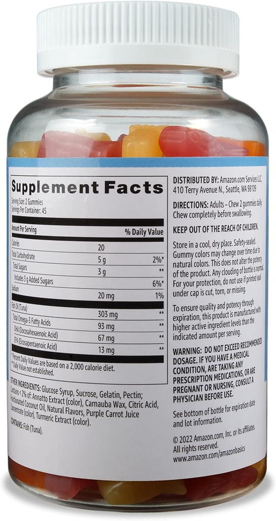 Basics Fish Oil 303 mg, Lemon, Orange & Strawberry- Banana Flavors, 90 Gummies (2 per Serving), EPA a DHA Omega33 Mastné kyseliny (dříve Solimon) (Balení po 2)