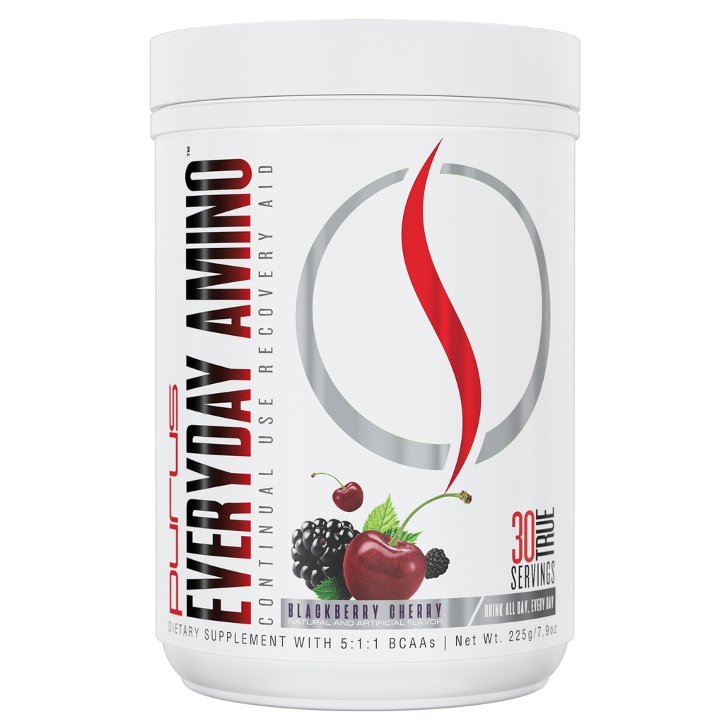 Purus Labs Everyday Amino BCAA Powder 124; Amino Acids for Muscle Hydration & Recovery 124; Sugar Free & gluten Free Amino 124; 30 Servings (BlackBerry Cherry)