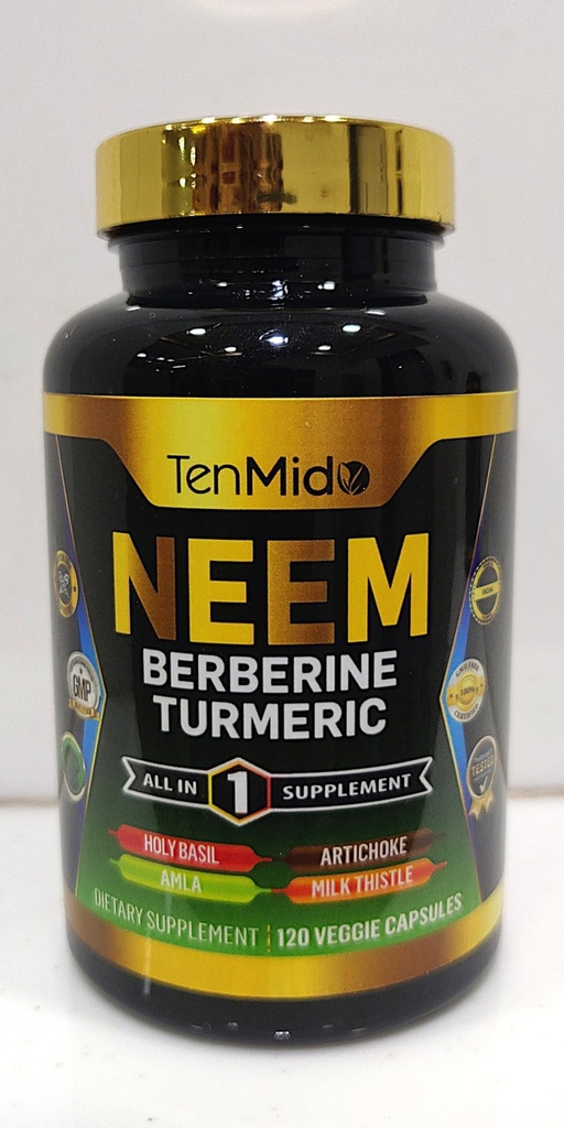 Neem Leaf dodatek - 8in1 Formule - Kombinace s Berberine, Kurkuma, Svatý Basil, Amla, Artyčoky, Mléko Thistle a Black Pepper - Imunitní podpora - 120 Kapsle pro 4 měsíce Dodávka