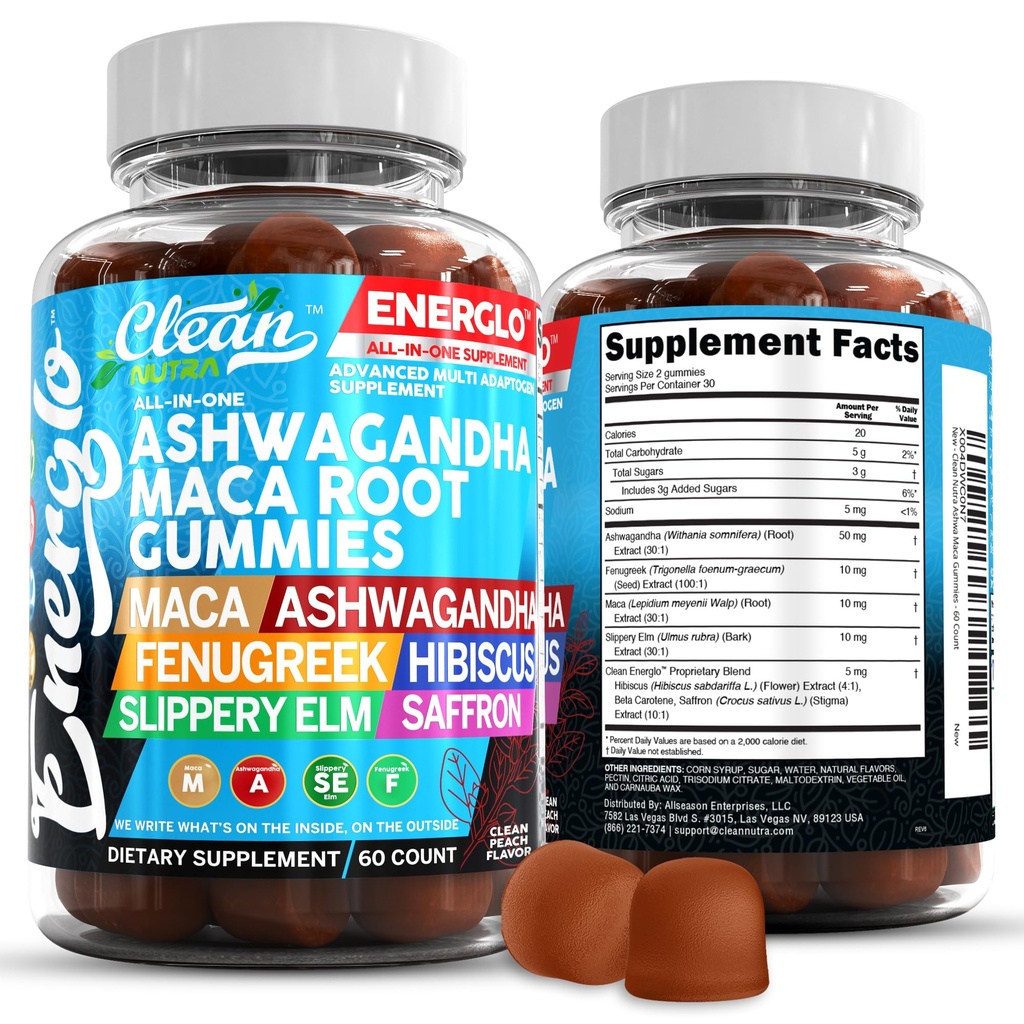 Ashwagandha Maca Root Gummies s Fenugreek Hibiscus Slippery Elm Saffron Extract & Beta karotene current 124; Peach Flavor Vegan Gummy Vitamins Adaptogen Cortisol Supplement Energlo by Clean Nutra