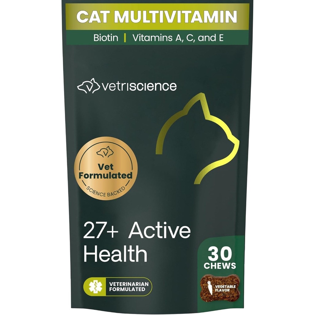 VetriScience 27 + Active Health Chews, Nu Cat Daily Multivitamin pro kočky a koťata, Balanced Vitamíny, Minerály a antioxidanty, Podpora zdraví a wellness, Ryby, 30 Počet