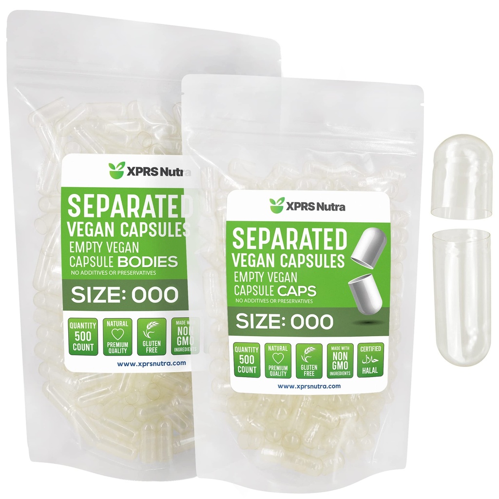 XPRS Nutra Vegan Velikost 000 Separated Capsules - 500 Hrabě Premium Prázdné Caps Separated in Bags - Clear Prázdné kapsle - 000 pilulky pro DIY Supplement Filling
