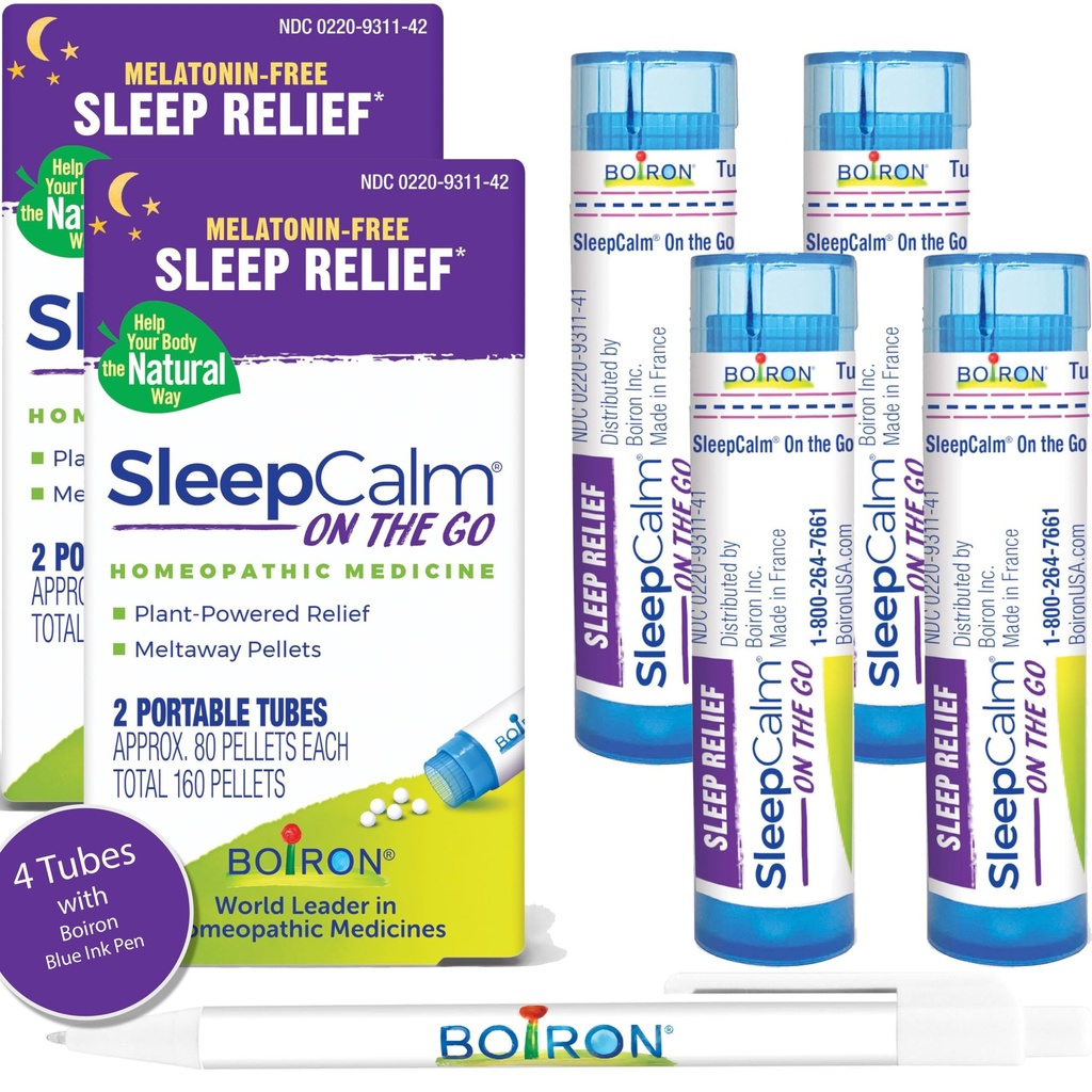 Boiron SleepCalm On The Go Sleep Aid for Deep, Relaxation, Restful Nighttime Sleep - Melatonin- Free a non Habit- Forming - 80 Počet na Tube - 4 Tubes s modrým perem