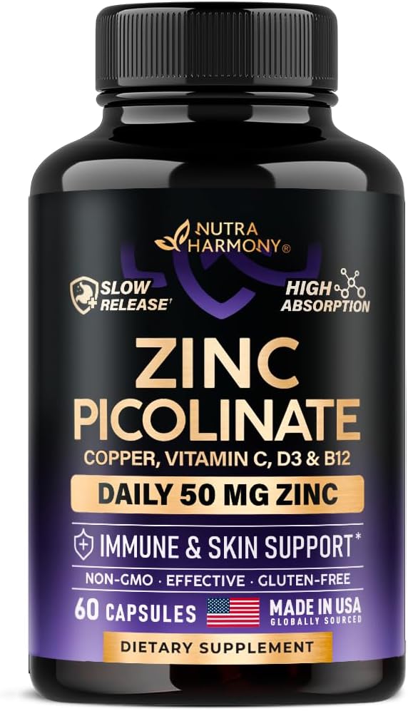 Zinek Picolinát 50mg - Zinek dodatek s mědí, vitamin D3 & B12 - Žaludek Friendly Capsule 124; Pomalé uvolnění - imunitní podpora a zdraví kůže - Vysoká absorpce s BioPerine & Vitamin C - 60 Kapsle