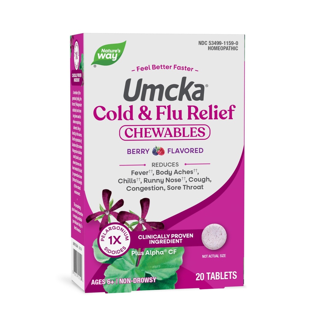 Nature 's Way Cold + Flu Relief, Umcka, Shortens Trvání a snižuje Závažnost, Multi- Symptom Relief, Homeopatické, Fenylephrine Free, Non- Drowsy, Berry Ochucené, 20 Žvýkací tablety (Balení květen Vary)