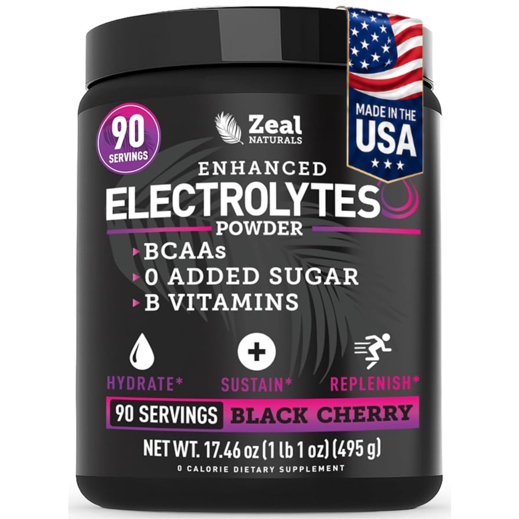 Zeal Naturals Electrolyte Powder Recovery Drink (90 Servings CLAS124; Black Cherry) w 0 Cukr + BCAA + B-Vitamins Electrolyte Supplement w Draslík Zinek & Magnesium pro hydrataci - Keto Electrolytes