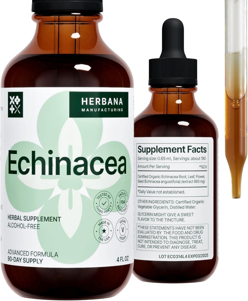 Echinacea 4 fl oz Liquid Extract - Organic Root, Leaf, Flower, Seed - Natural Bylinný dodatek - Tělo, imunitní systém podpora Tincture - High Potency Drops - 90- Day Supply - Rodinná velikost