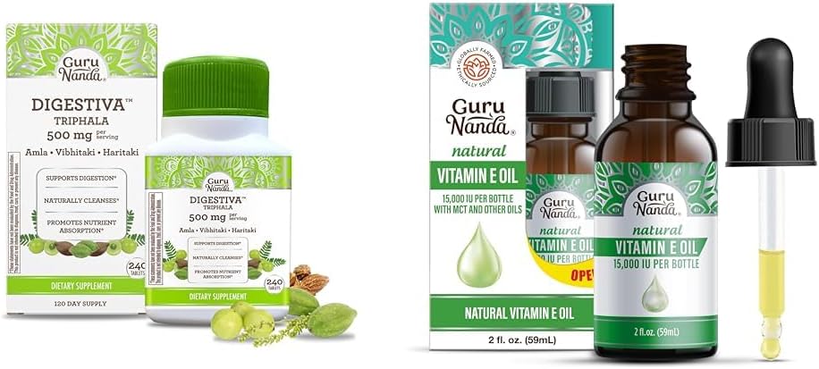Gurunanda Digestiva Triphala (240 tablet) & Vitamin E Oil (2 Fl Oz) - Podporuje potravu, pomáhá s nafouknutí & zácpa, Dietní dodatek s Amla, Haritaki & Bibhitaki