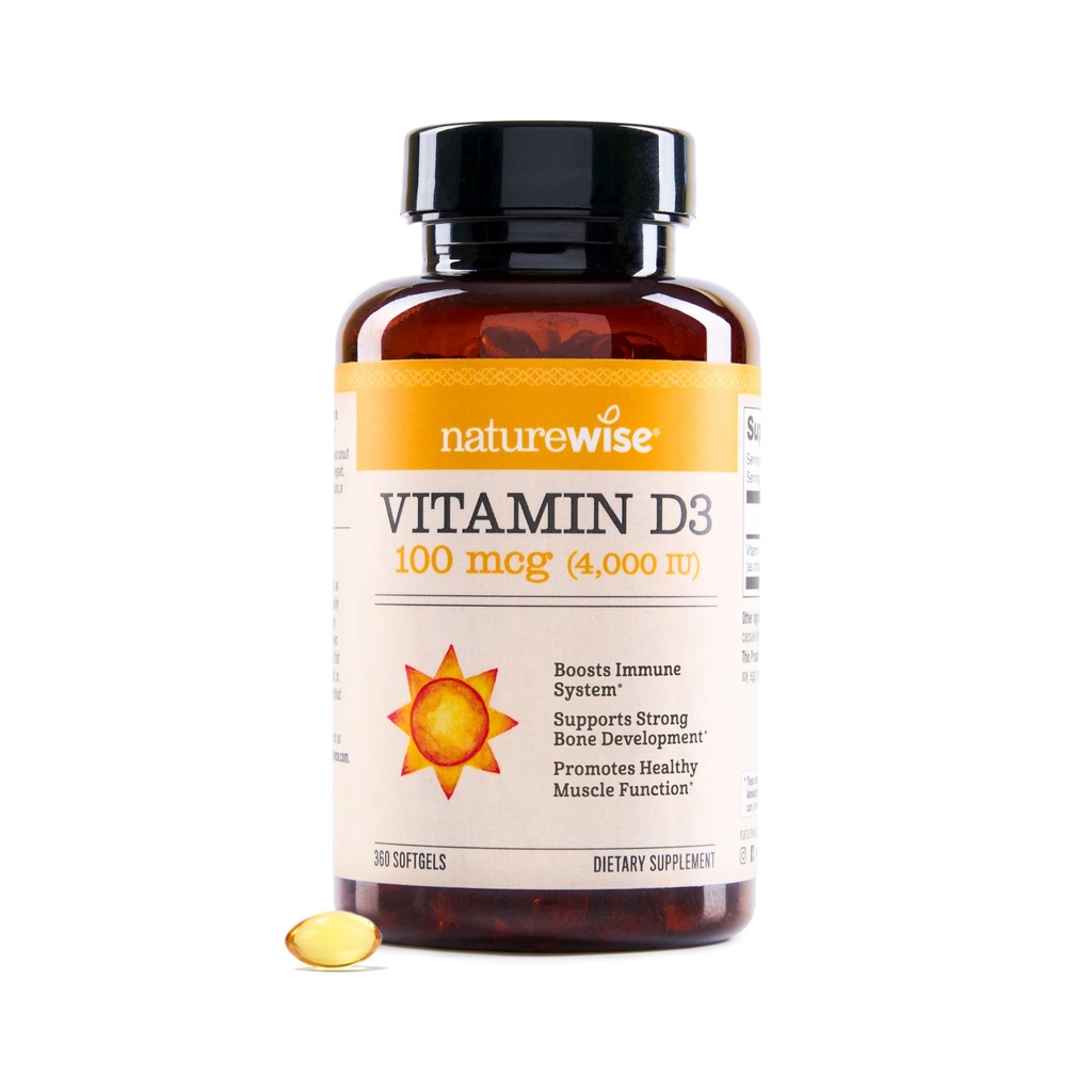 NatureWise Vitamin D3 4000iu (100 mcg) 1rok Zásobování pro imunitní podporu, zdravé svalové funkce a zdraví kostí - Non- GMO, gluten- Free in Organic Extra Virgin Olive Oil, (Mini Softgel), 360 Počet