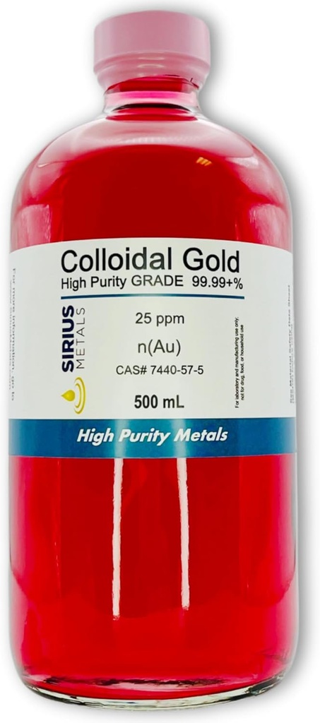 Pravé koloidní zlato - 25 ppm - 99.99 +% čistoty - 500 ml (16.9 Fl Oz) ve skleněné lahvi - Vyrobeno v USA