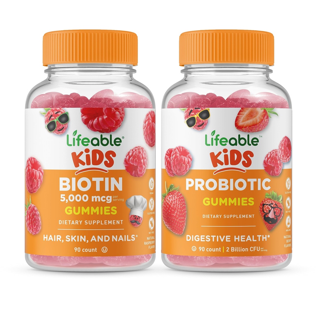 Lifeable Biotin Kids + Probiotic 2 Billion CFU Kids, Gummies Bundle - Great Ochutnávání, Vitamin dodatek, gluten zdarma, GMO zdarma, Žvýkací žlab