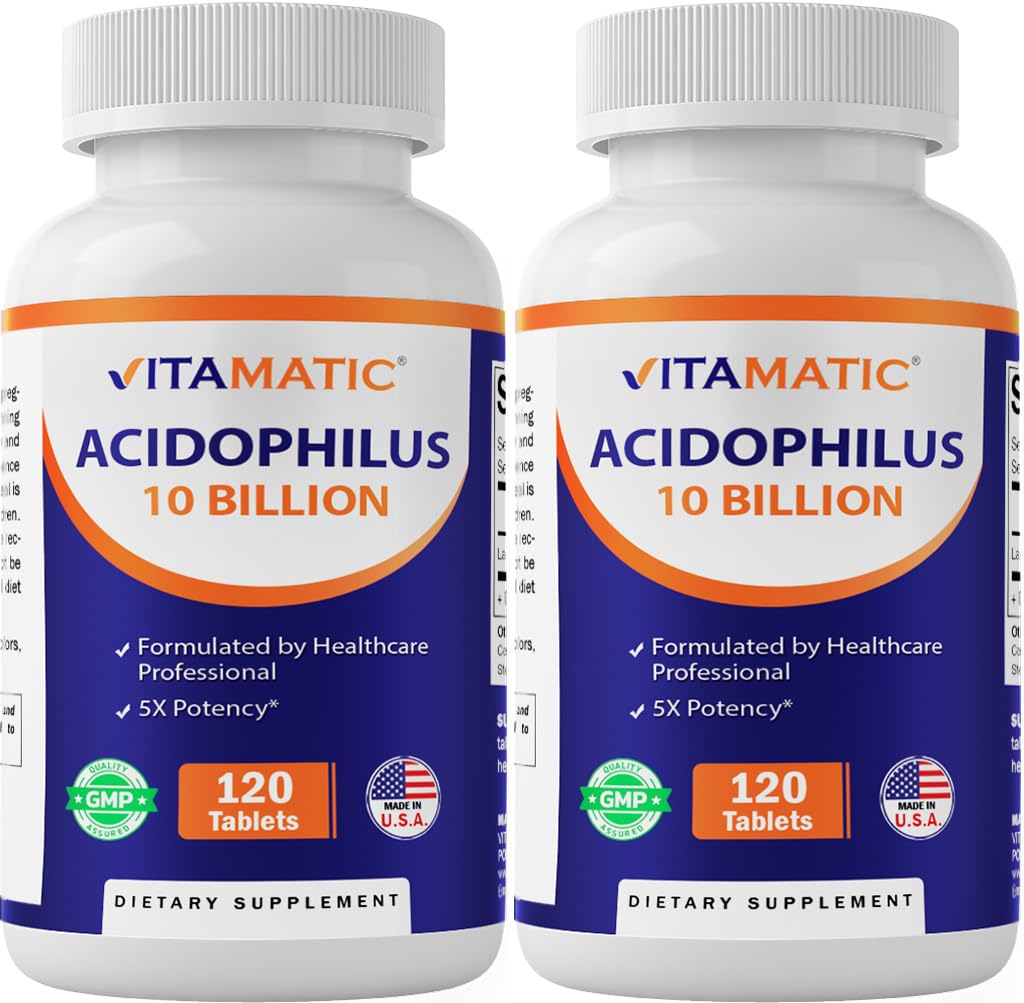 Vitamatic 2 Packs Acidophilus Probiotic - 10 miliard CFU - 120 Tablet - 5X Potenciál - Denní Probiotický dodatek, Podporuje stravitelné zdraví (Celkem 240 Tablet)