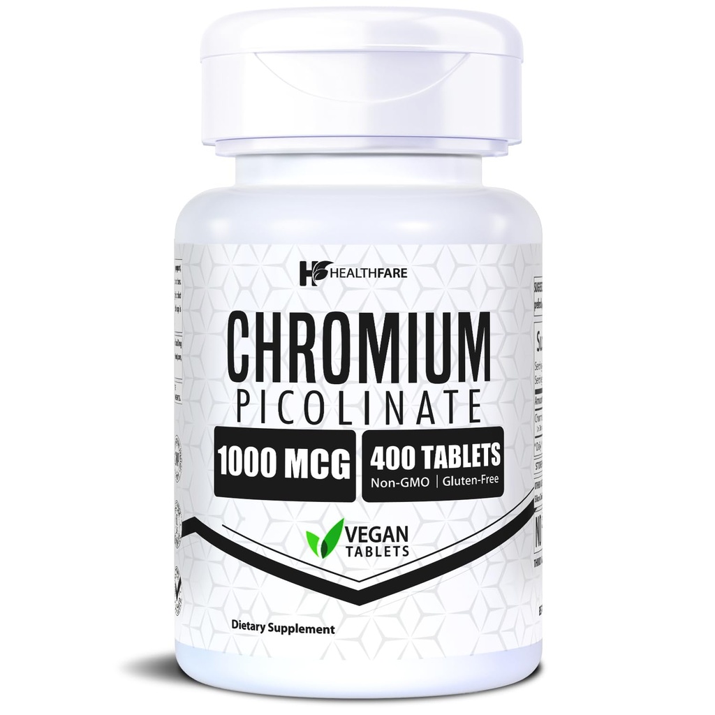 HealthFare Chromium Picolinate 1000mcg CLAS124; 400 Veganových tablet CLAS124; High Absorption Mineral Supplement CLAS124; Podporuje zdravý cukr Metabolismus & Nutrient Absorption CLAS124; Non- GMO, gluten- Free CLAS124; Made in USA