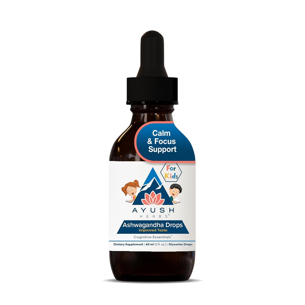 Ayush Herbs Ashwagandha Drops for Kids & Dospělí - Alcohol- Free Ashwagandha Drops, Calming Denní dodatek pro klidnou soustředění s Organic Ashwagandha, Lemon Flavor - 2 Fl Oz (80 Služení)