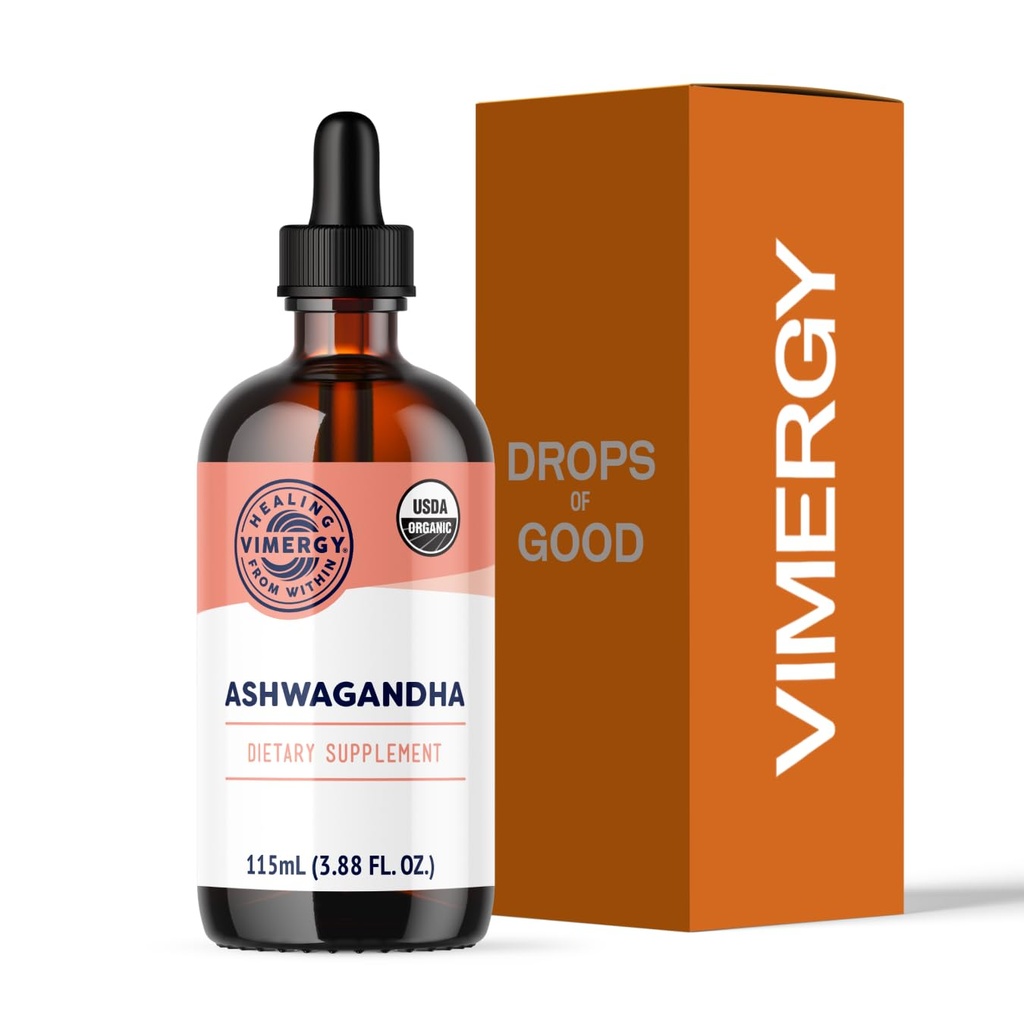 Viméries USDA Organic Ashwagandha Liquid Extract, 57 Servings -Stress Supplementary Drops - Adaptogen - Podporuje kognitivní funkce - Podpora spánku - Alcohol- Free, Non-GMO, Vegan & Paleo Friendly (115 ml)