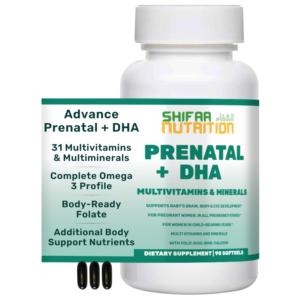 SHIFAA NUTRIATION HALAL Prenatal Vitaminy s DHA a kyselina listová CLAS124; High Potency 90 Softgels, Keto- Friendly CLAS124; Vitamin C 120mg, DHA 250mg, kyselina listová 800mg, EPA 90mg, Biotin & jód