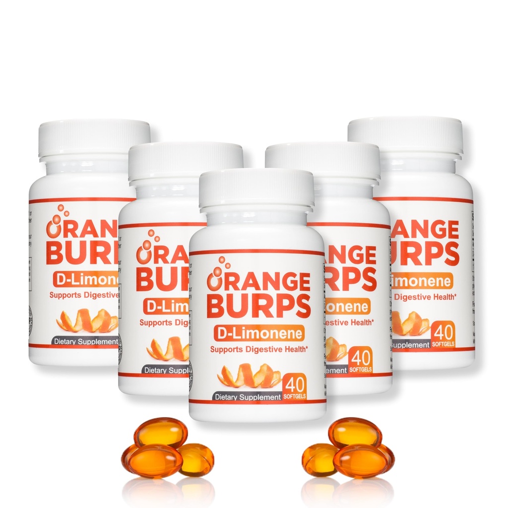 Orange Burps CLAS124; D-Limonene Supplement - Acid Reducer (Antacid for acid Reflux), Heartburn Relief, GERD Relief, and Indigestion Relief CLAS124; Orange Peel Extract for Health and Wellness (1000 mg, Pack of 5)