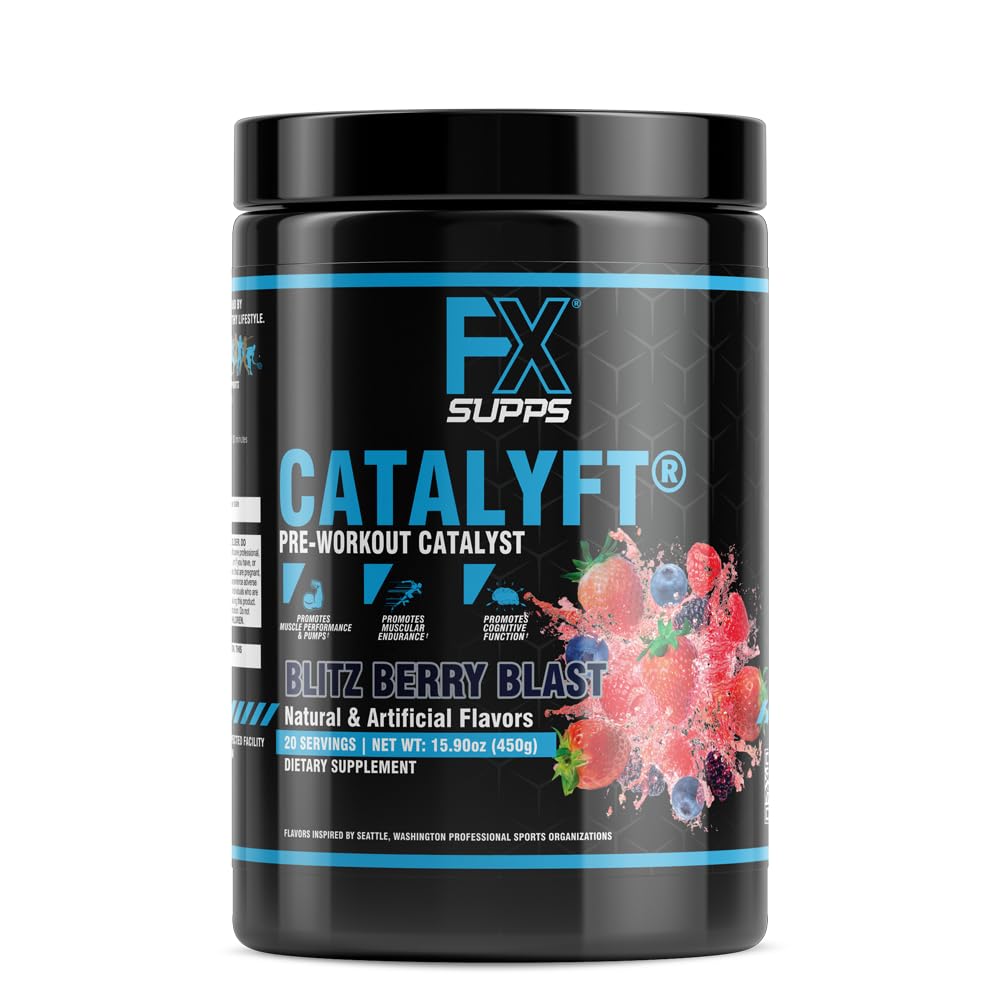 FXSUPPS Catalyft Pre- Workout PowderDrink pro muže a ženy Blitz Berry Blast dietární doplněk Mix s Creatine, Caffeine & Beta- Alanin CUP124; Nejlepší pro energetické čerpadlo, Muscle Gain & Focus, 20 Služeb (1 balení)