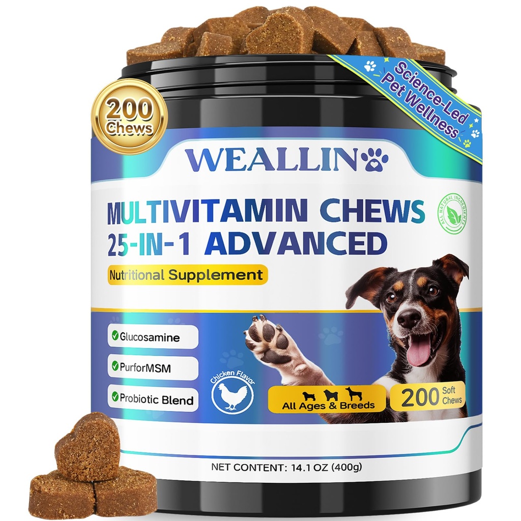 Pes Vitamíny - 25- in-1 Dog Vitamíny a doplňky Multivitamin s Glucosamine Probiotika Omega-3 Puppy Multivitamin Žvýkadlo pro Coat, srdce, HIPS & Joints, Digestion & imunitní systém 200ks