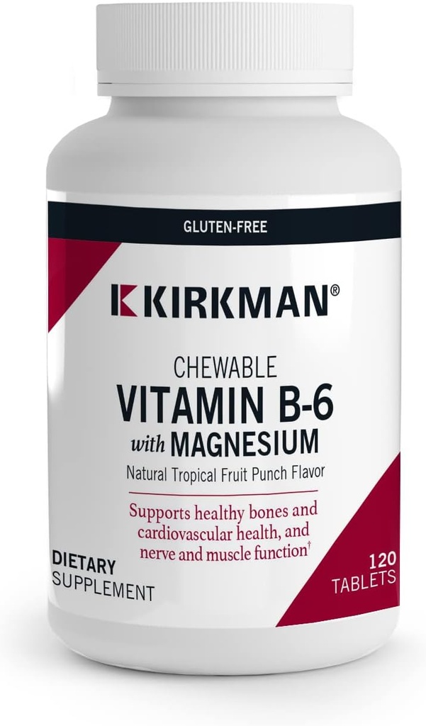 Kirkman - Vitamin B6 s hořčíkem - 120 Tablety - Potenciální vitamín B6 & Doplnění hořčíku - Žvýkací Wafer - Hypoalergenní