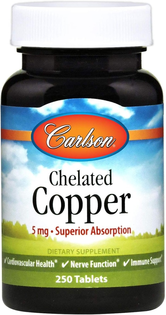 Carlson - Chelated Copper, 5 mg, Superior Absorpce, Circulation Health, Nerve Function & Imunitation Support, 250 Tablet