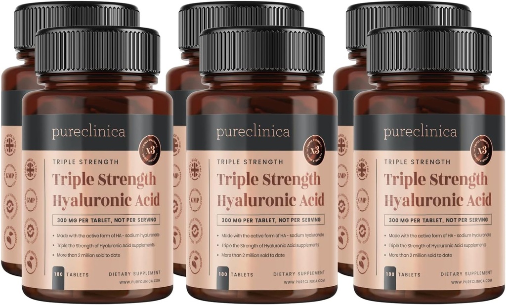 pureclinica Hyaluronic Acid 300mg x 1080 tablet (6 lahví 180 tablet - 3 roky dodávky). Triple Strength Hyaluronic Acid. 300% silnější než jakákoliv jiná tableta HLA