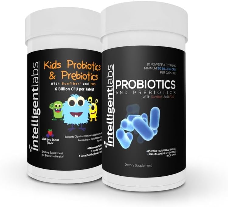 Inteligentní Labs 2- in-1 Bundle dětí Probiotika (6 bilionů CFU se slunečním vláknem a FOS) + dospělé Probiotika (50 miliard CFU, 10 Strains), No Interigeration Need, 2 měsíce Dodávka za láhev