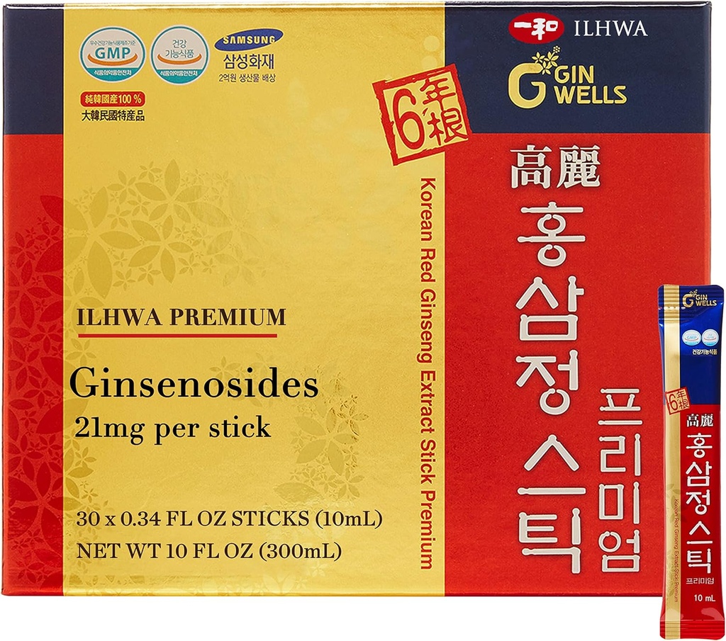 ILHWA Premium Korean Red Ginseng Extract Sticks (0,34fl oz X 30 Sticks) - pro imunitu. Ginsenosidum 21 mg na jedno podání