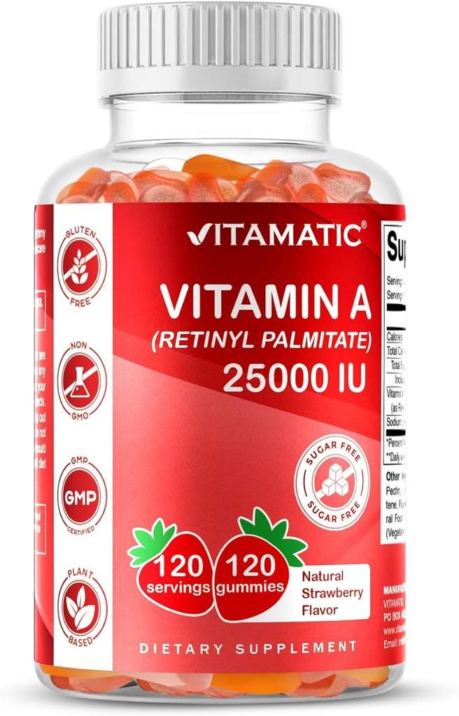 Vitamatický cukr bez vitaminu A 25000 IU gumičky (Retinyl Palmitát) - přírodní jahodová šťáva - 120 Pektin na bázi gumiček (3 láhve)