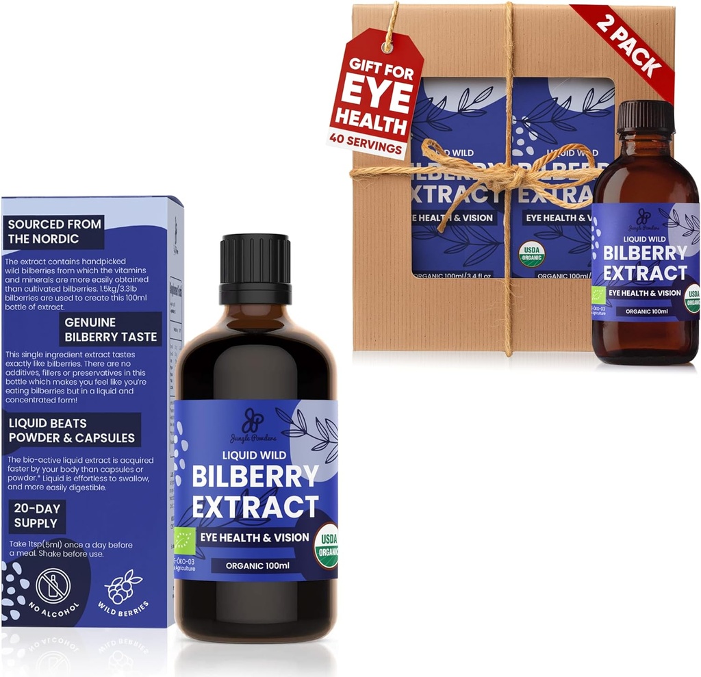Jungle Powders Wild Bilberry Extract 3x3.4oz Láhev tekutého Bilberry Anthocyanin Alcohol- Volný Evropský Borůvkový Borůvkový doplněk pro oči High Biologická dostupnost Liquid Extract
