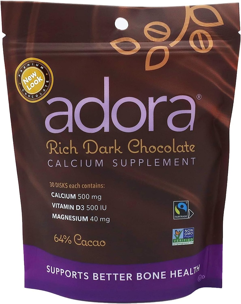 Adora doplněk vápníku, Fairtrade Dark Chocolate, balení po 12 - 30 ct