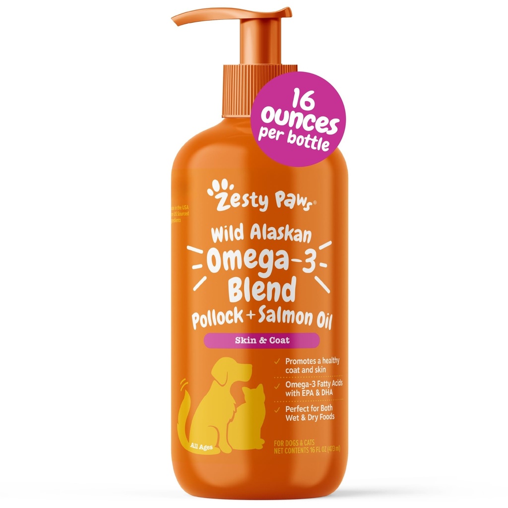 Zesty Paws Wild Alaskan Omega-3 Blend Pollock + Salmon Oil pro psy a kočky - Kožní a coat support, Omega 3 Dodatek pro domácí zvířata, 16oz