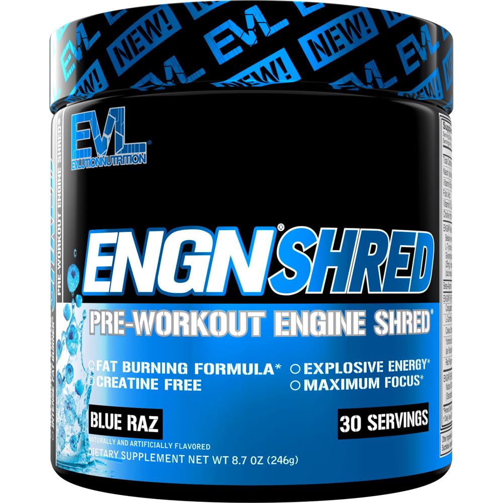 EVL Ultimate Pre Workout Powder - Thermogenic Fat Burn Support Preworking Powder Drink for Lasting Energy Focus and Stamina - ENGN Shred Intense Creatine Free Prespine Drink Mix - Blue Raz