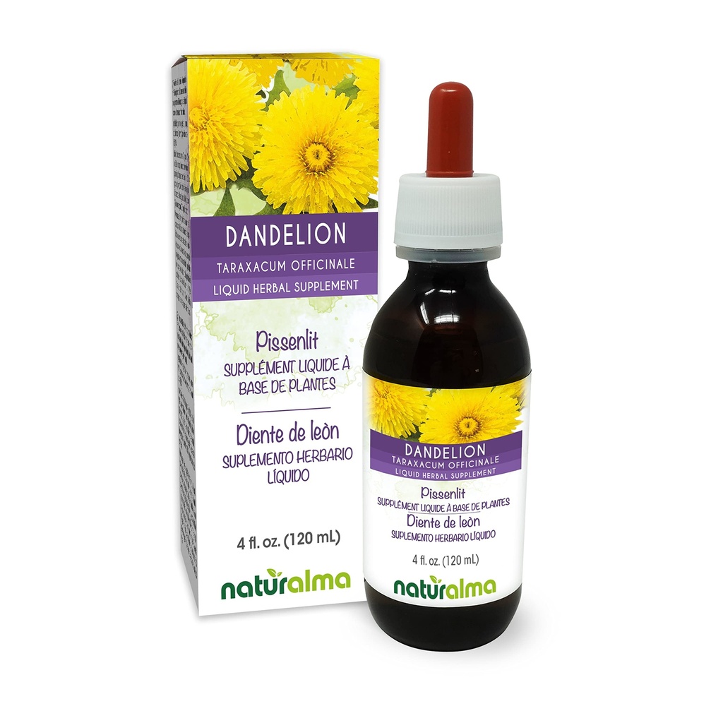 Naturalma Dandelion (Taraxacum officinale) Kořenová a bylinková alkoholická tinktura - 4 fl oz Liquid Extract in Drops - Bylinný dodatek - Vegan
