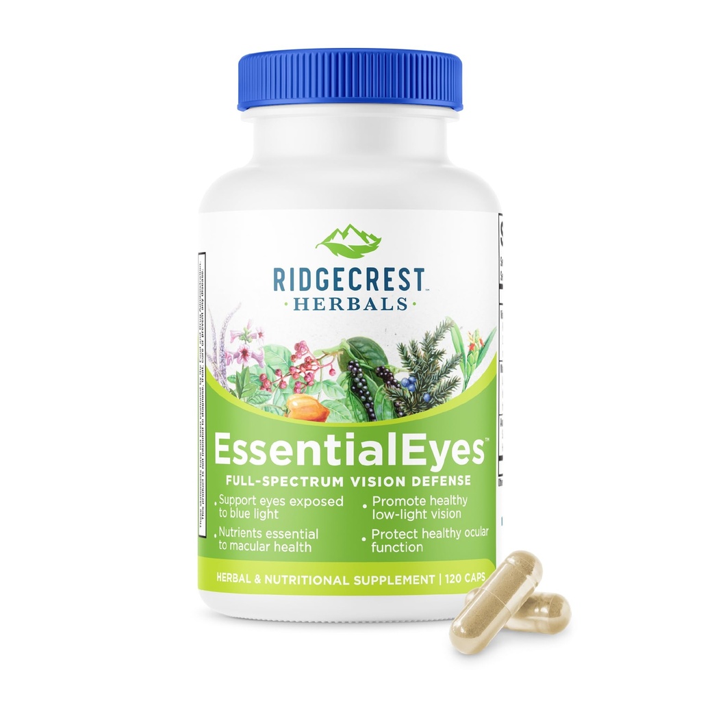 Ridgecrest Herbals EssentialEyes, přírodní oční vitamíny doplňky, Obsahuje Lutein, Zeaxanthin, Bilberry Extract, Podporuje oční a vizní zdraví (120 Vegan Caps, 30 Serv)